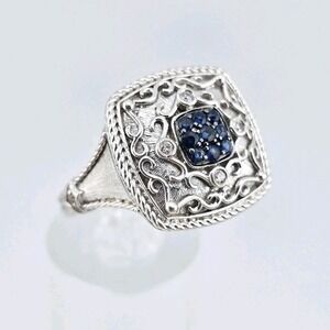 925 Sterling Silver Blue Sapphire Diamond Cluster Ring Signed Gabriel & Co Sz 8